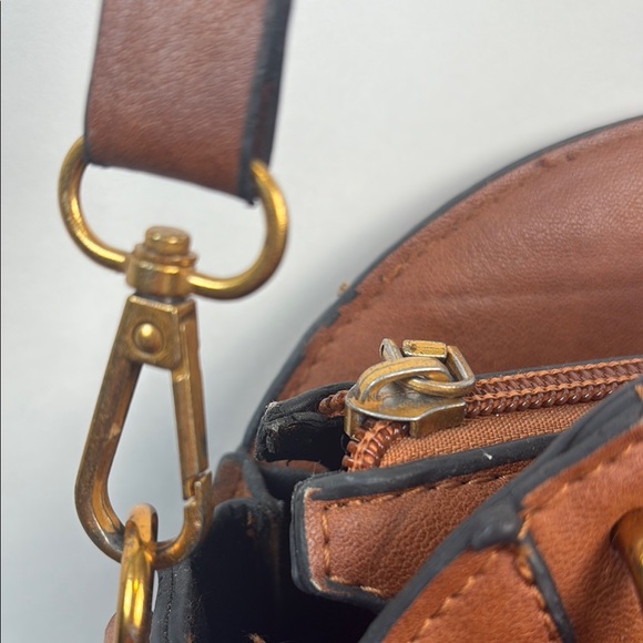 Brown and Gold Circular Crossbody Bag with Leather Finish - Picture 4 of 15